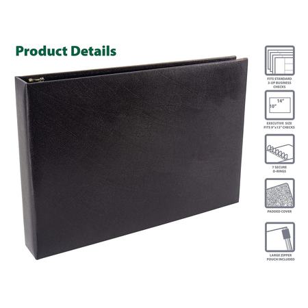 Better Office Products 7-Ring Leatherette Executive Ledger/Check Binder, Zipper Pouch, Holds 9x13in Business Checks, Black 11300